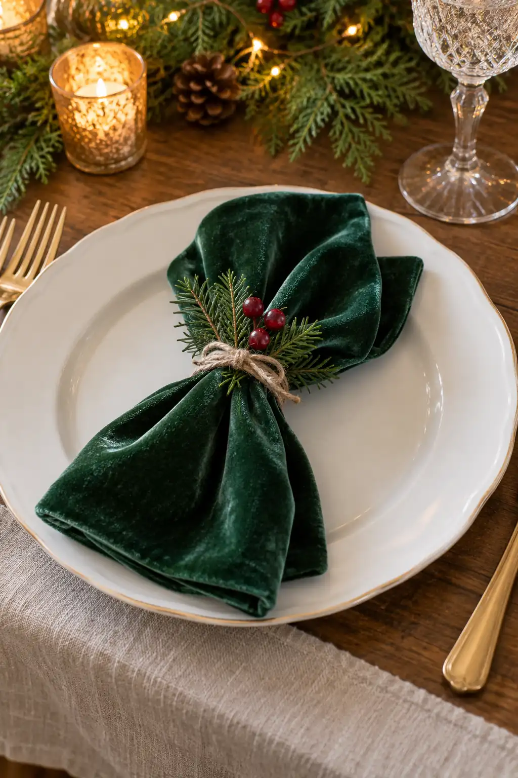 08 minimal white plate green velvet napkin
