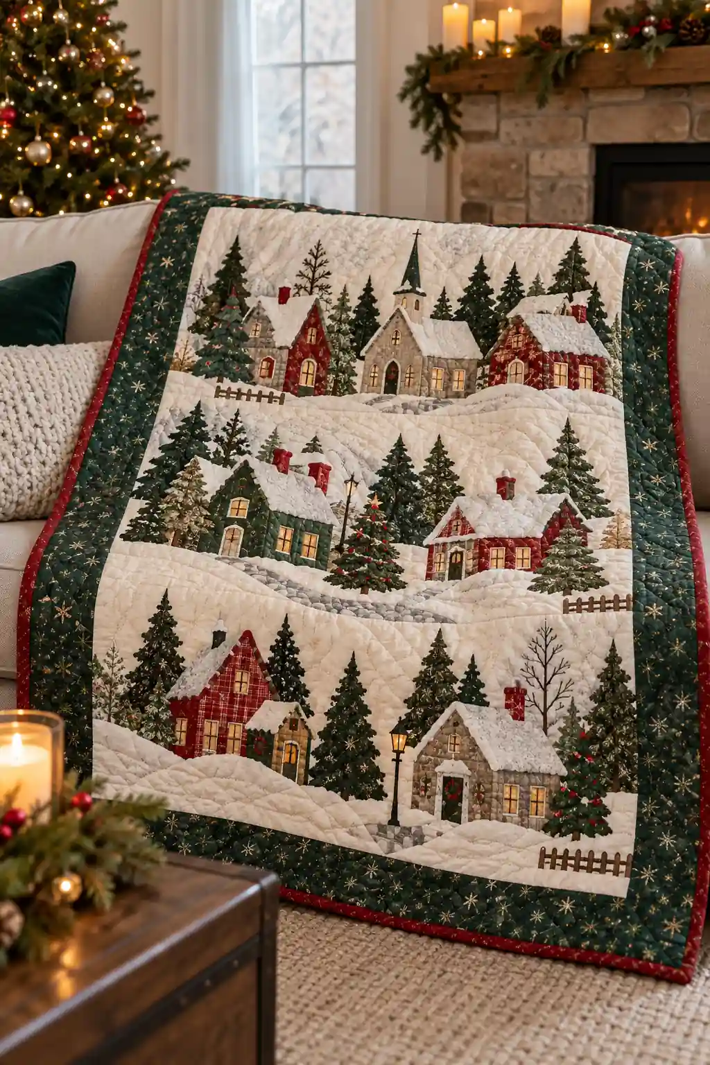 14 quilted christmas village throw