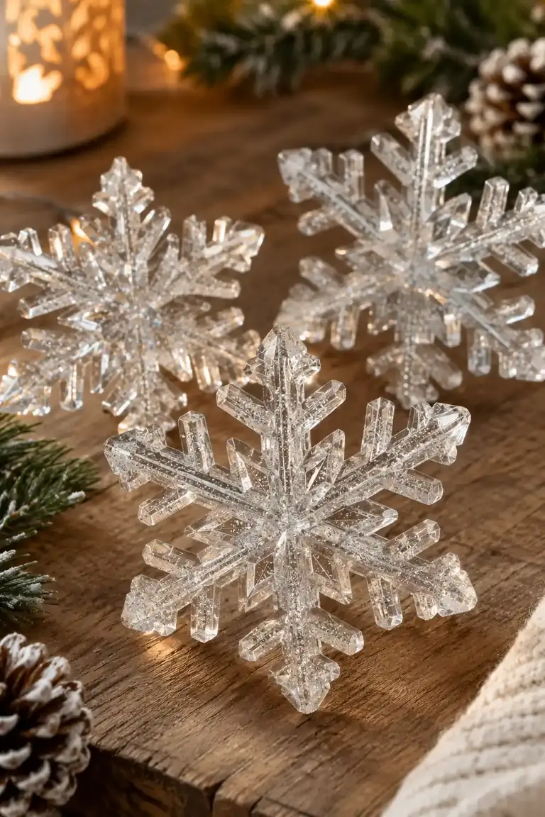 Clear resin snowflakes with reflective details and hanging loops