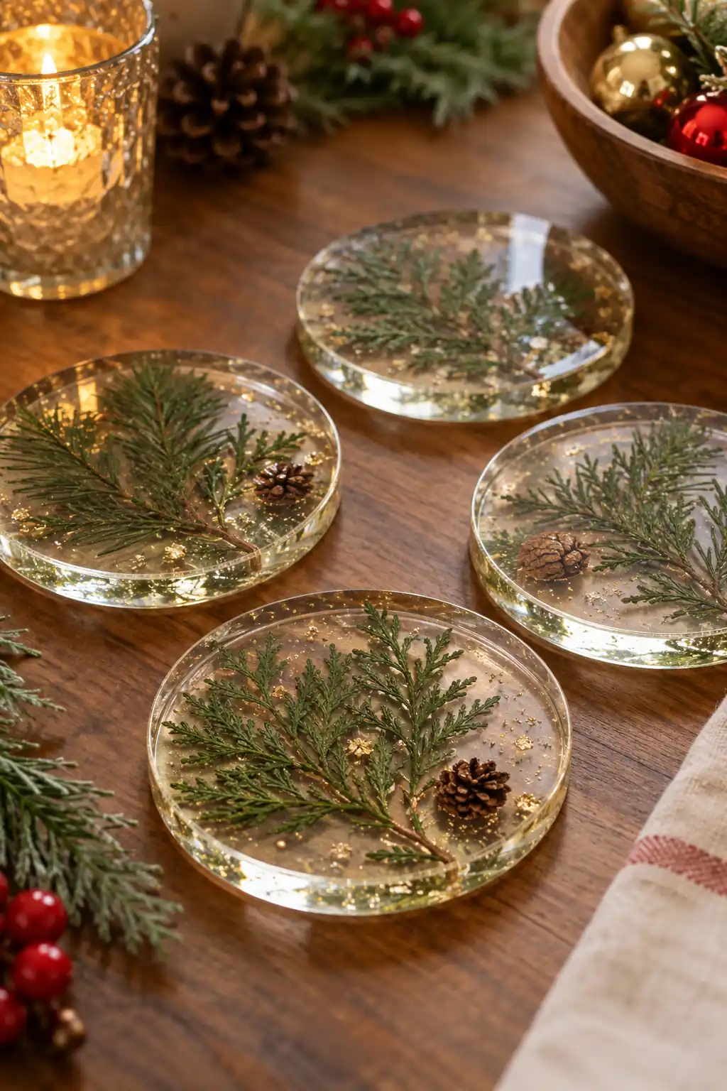 Clear round coasters containing evergreen sprigs and small botanical details