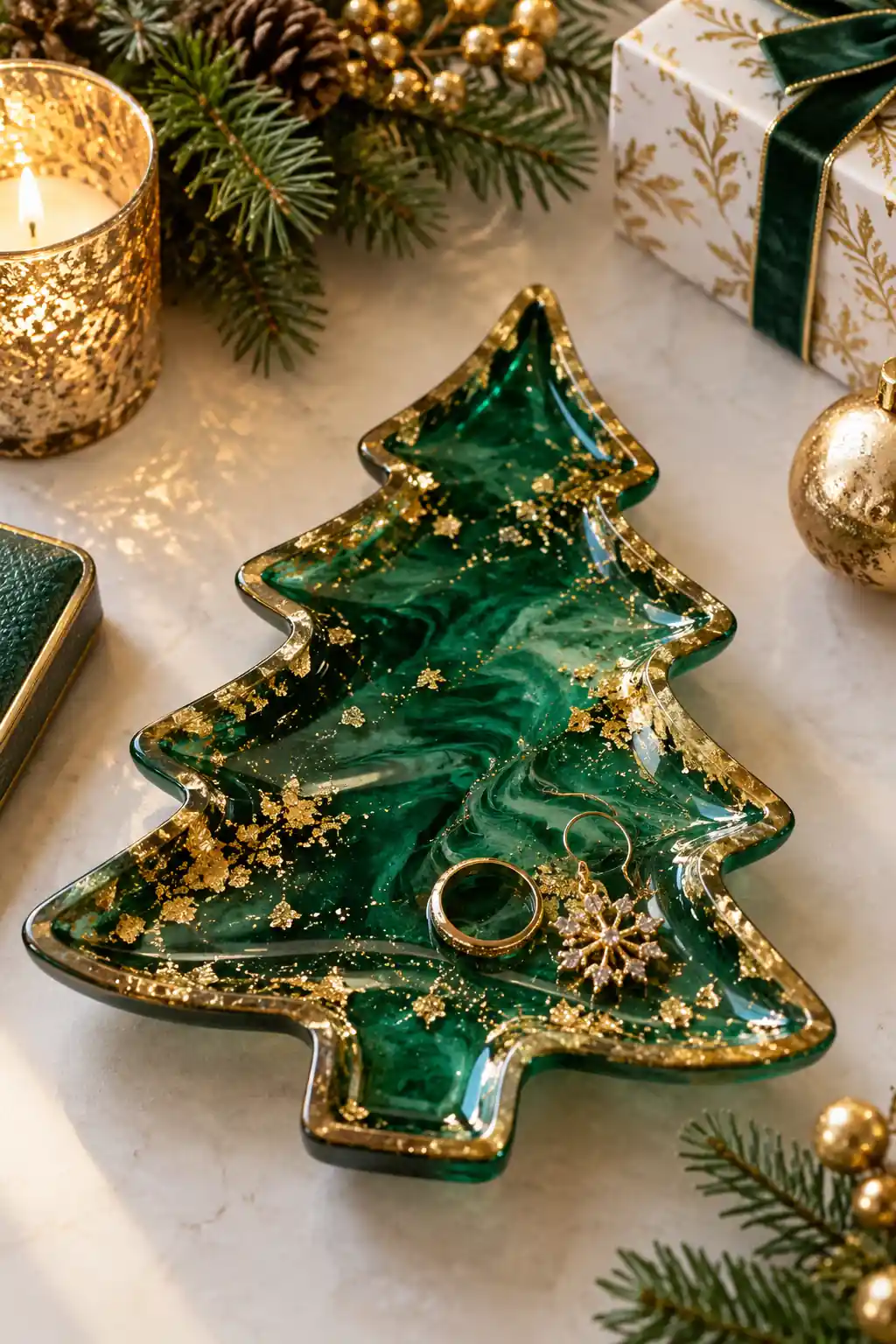 A green resin tree-shaped tray with gold-colored accents holding rings