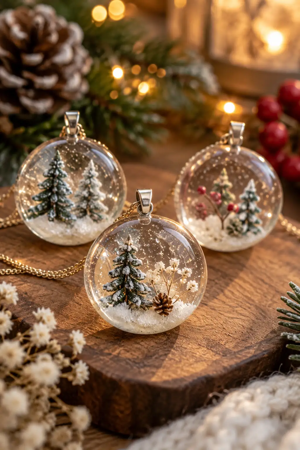 Round clear pendants containing miniature trees and snowy details
