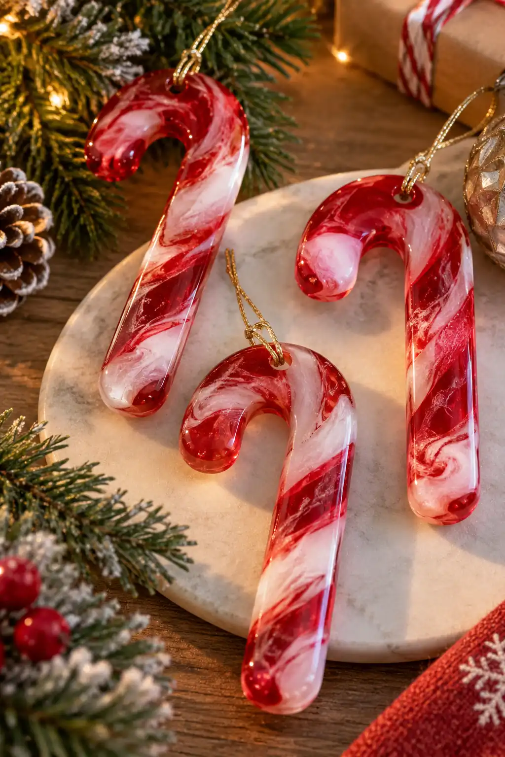 Red and white translucent candy-cane-shaped resin ornaments