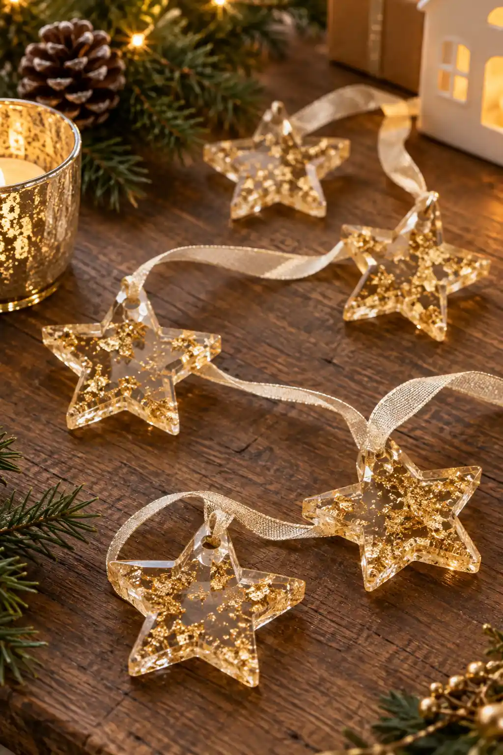 Small clear gold-flecked stars threaded along a light ribbon