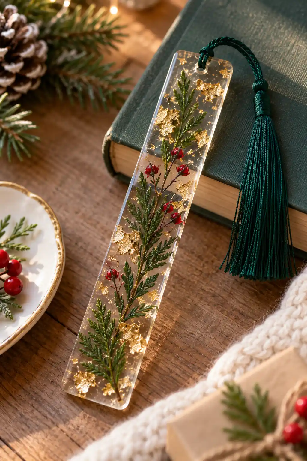 A long clear bookmark with greenery, gold flecks and a dark tassel