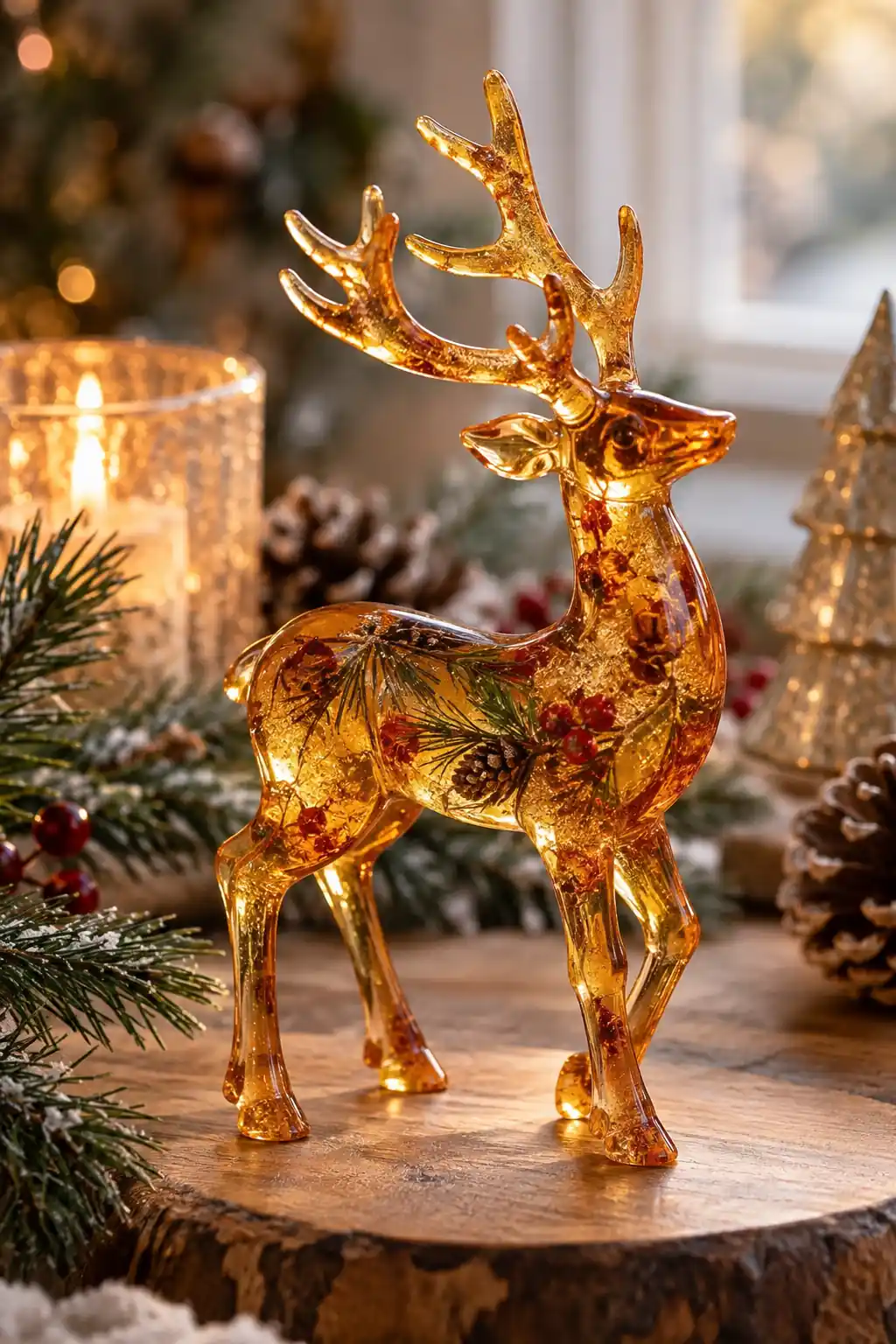 A translucent amber-colored reindeer figurine with branching antlers