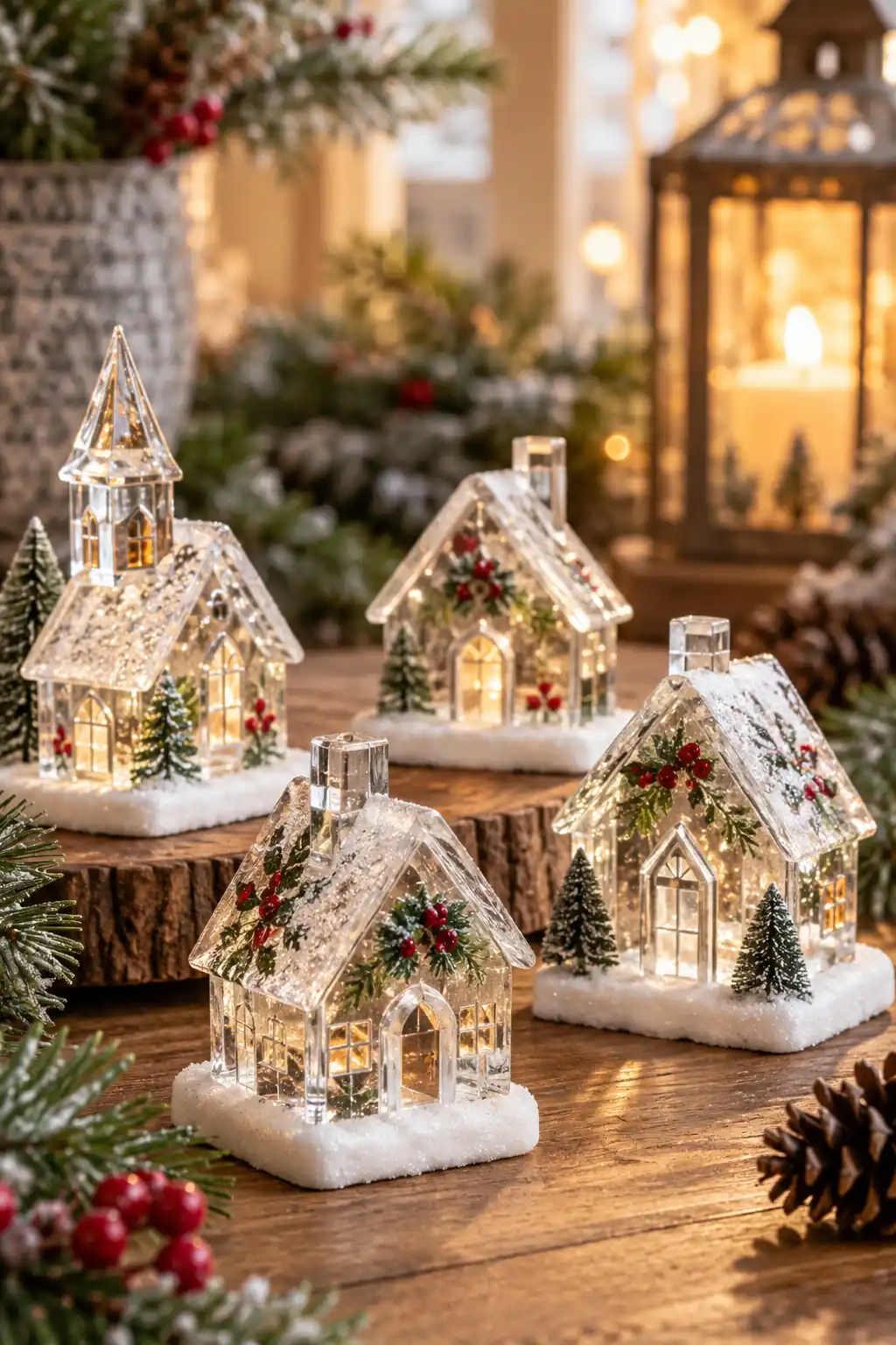 Small clear resin houses with gold accents and winter details
