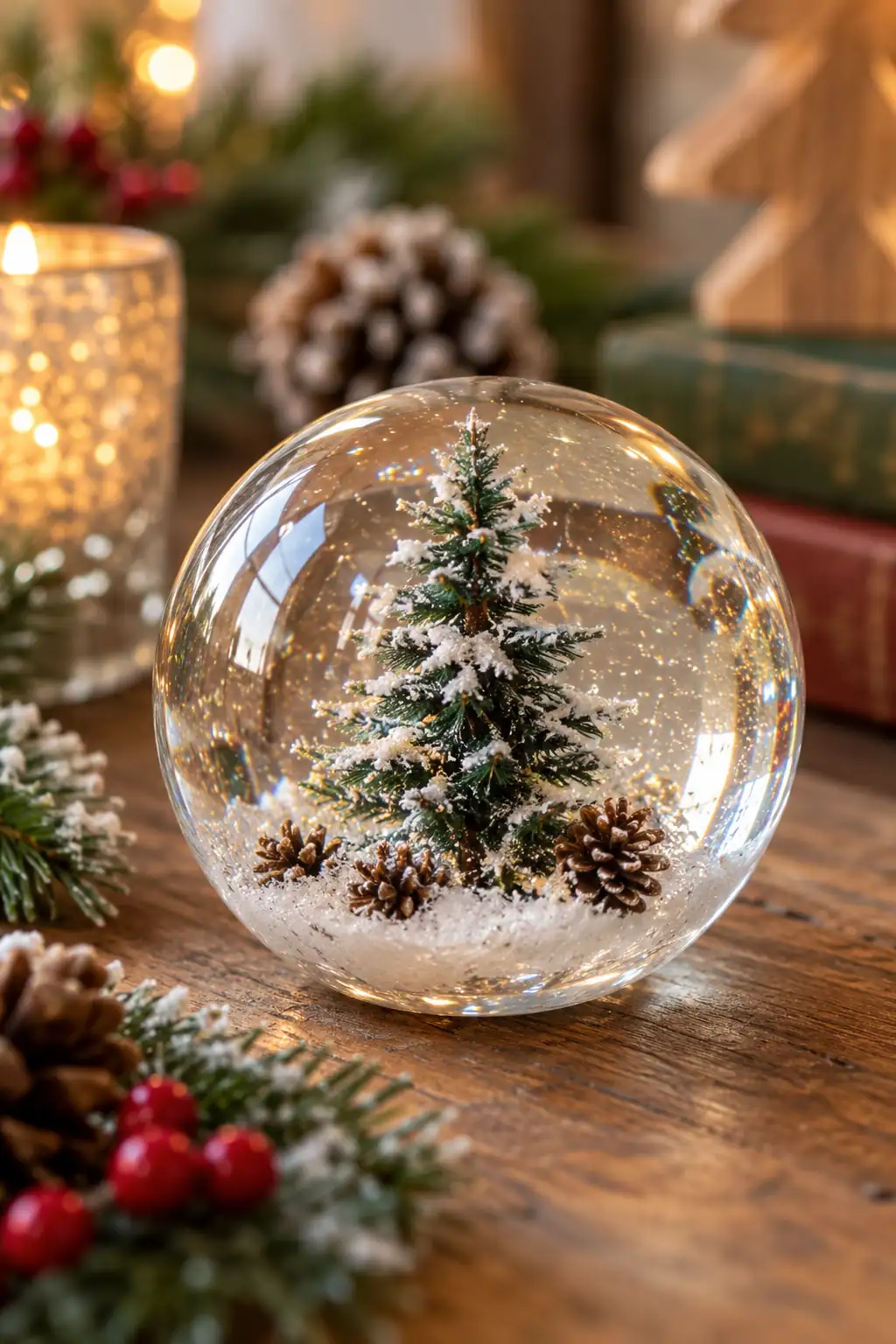 A clear rounded paperweight enclosing a miniature snowy tree scene