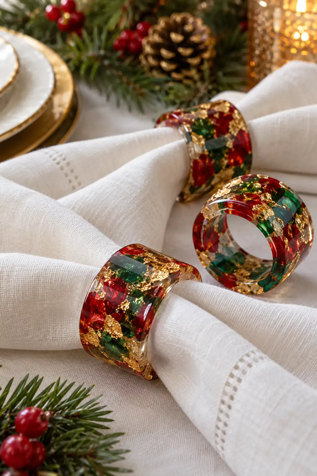 Clear napkin rings with red and green botanical details