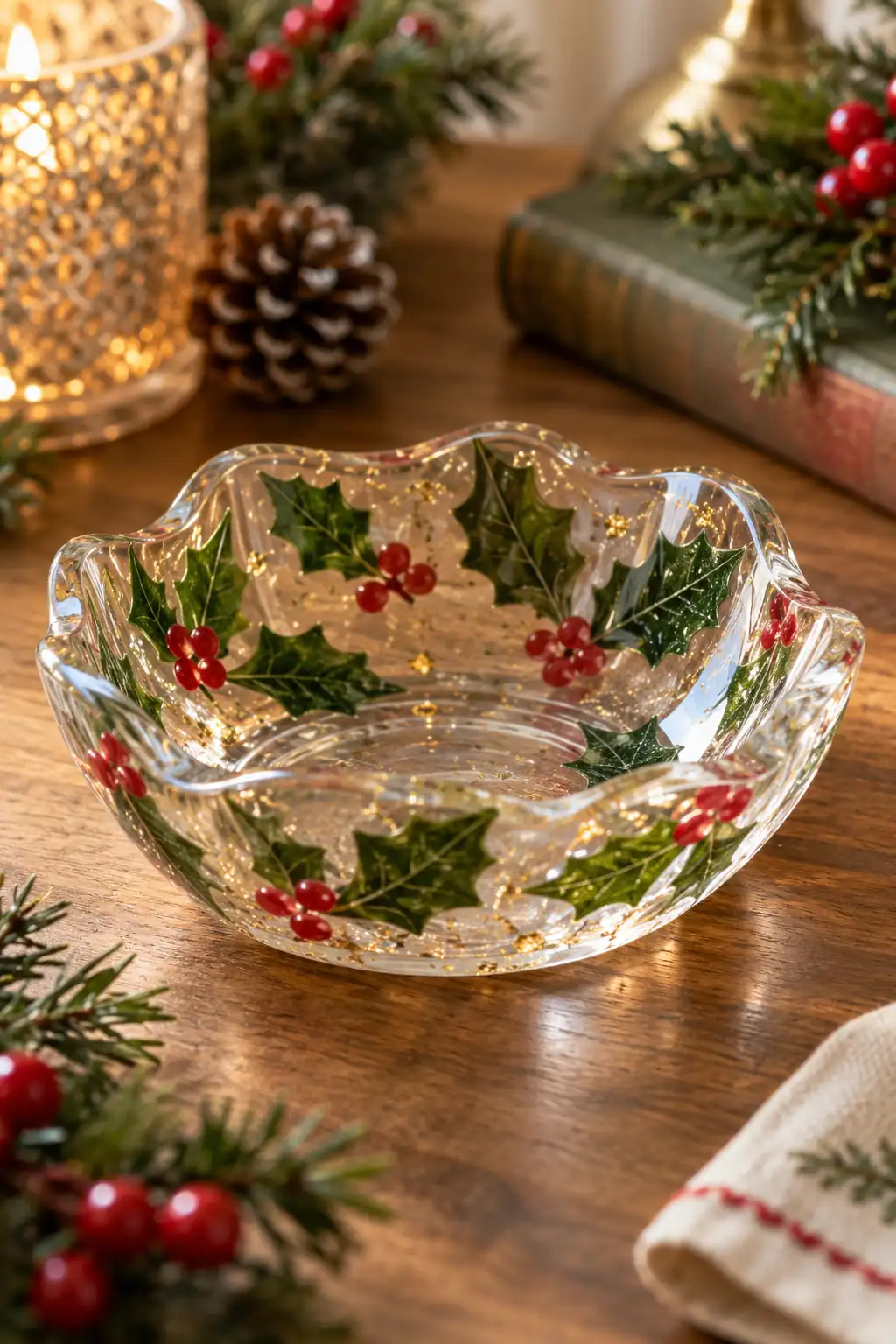 A clear shallow dish with green holly shapes and red accents