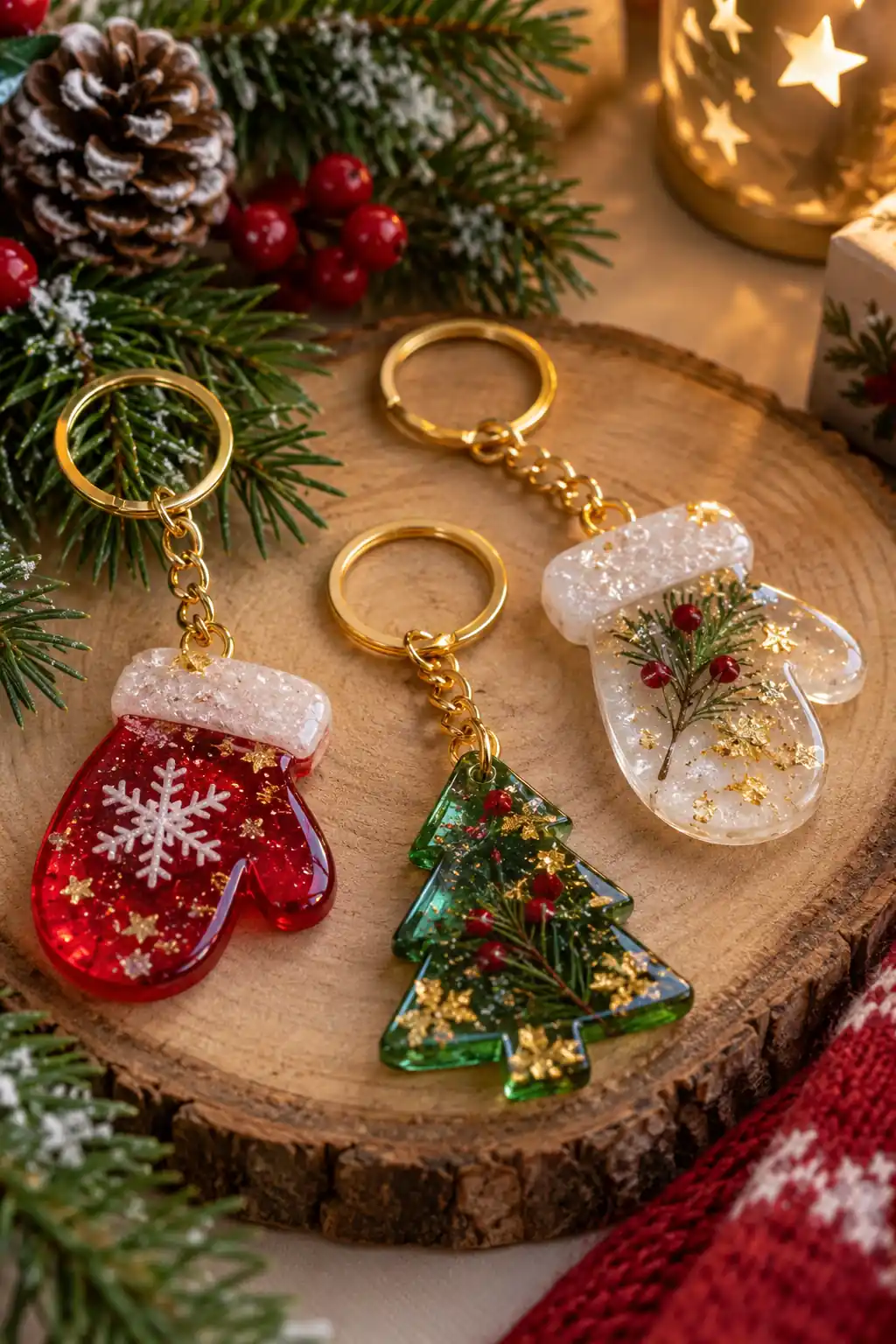 Small resin stocking, mitten and tree shapes attached to key rings