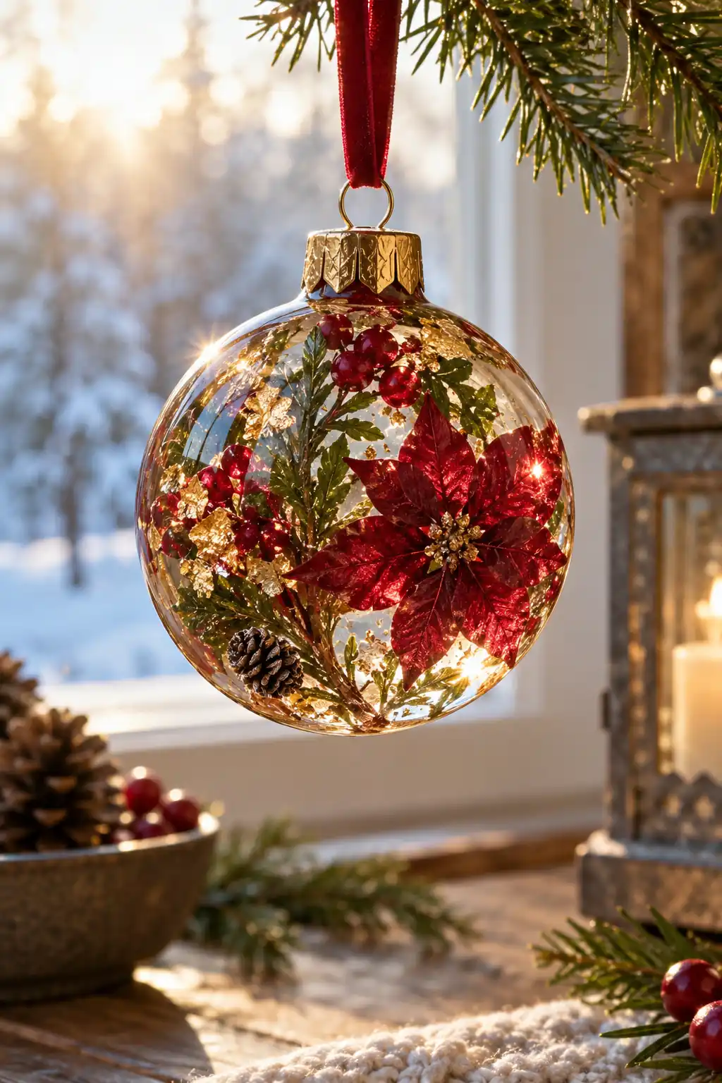 A round clear ornament with red and green details hanging in a window