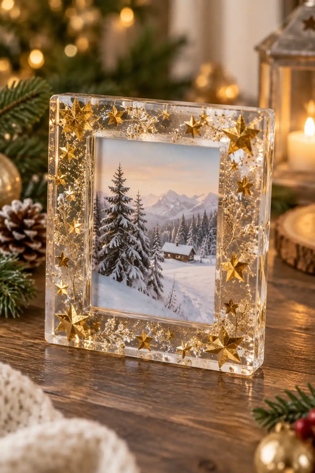 A clear resin picture frame with gold flecks around a winter photograph