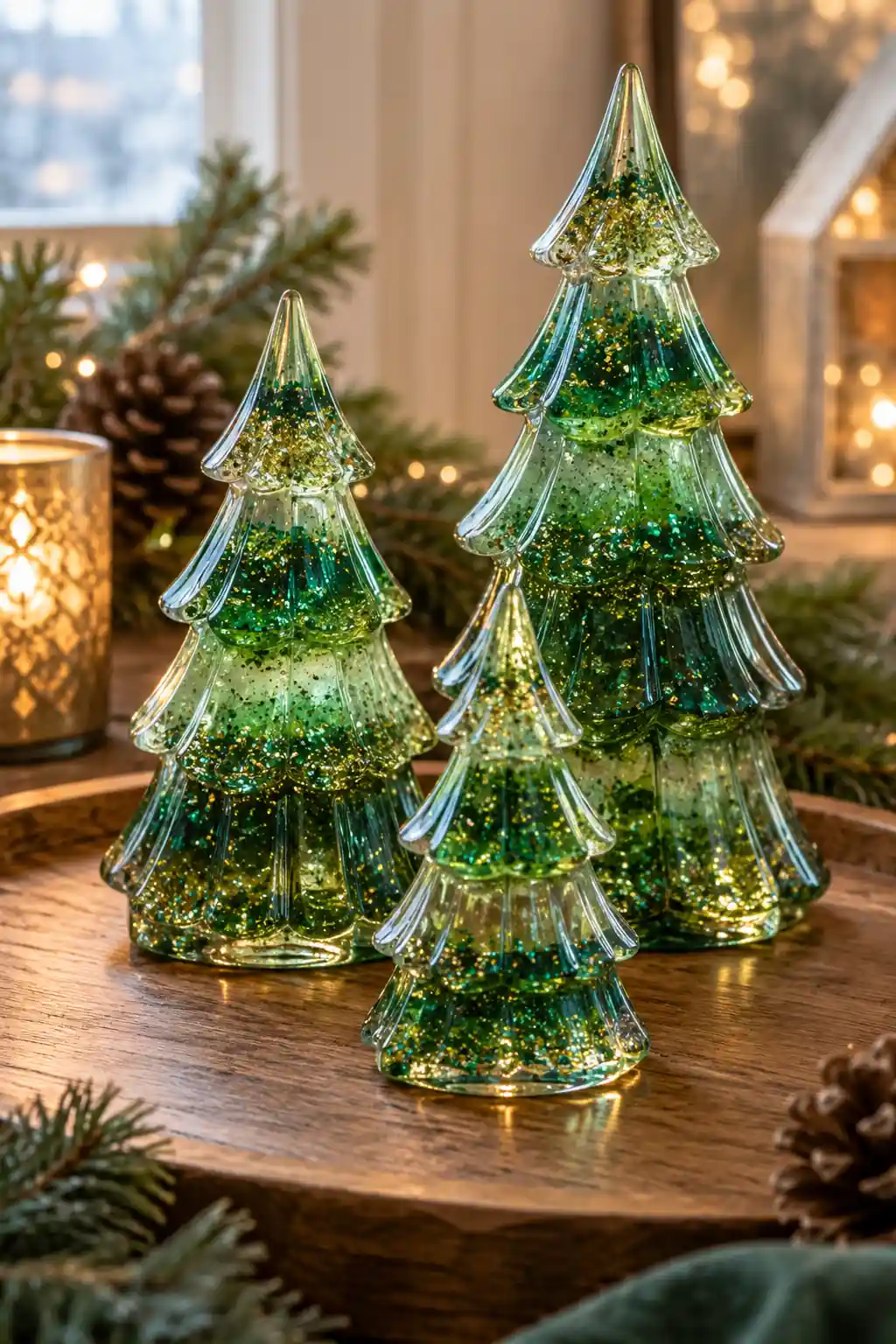 Green translucent resin trees with gold accents arranged at different heights
