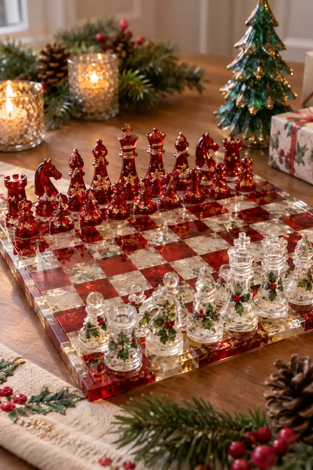 Red and clear resin chess pieces arranged on a matching board