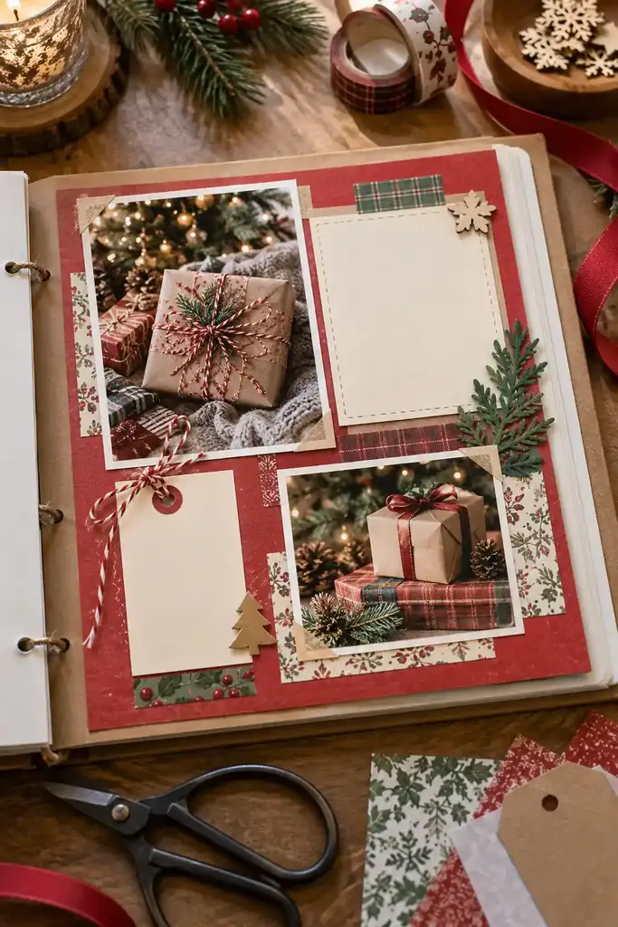 A red and cream scrapbook page with gift-opening photos and journaling spaces