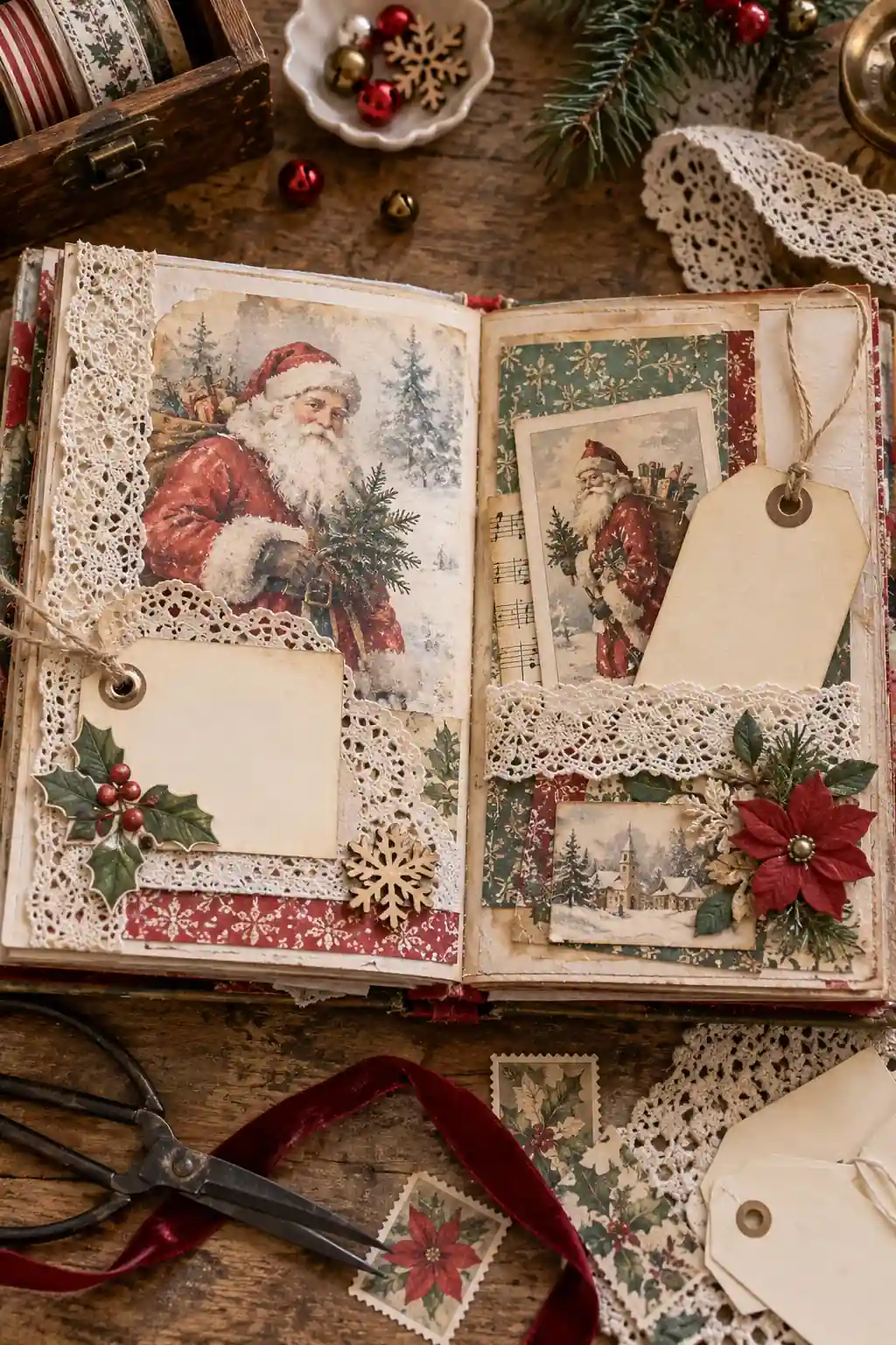 A layered scrapbook spread with vintage-style Santa pictures, lace and tags