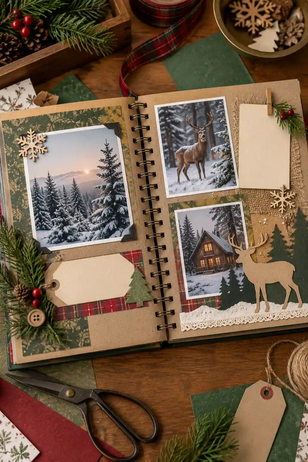 A green scrapbook spread with snowy woodland photographs and deer shapes