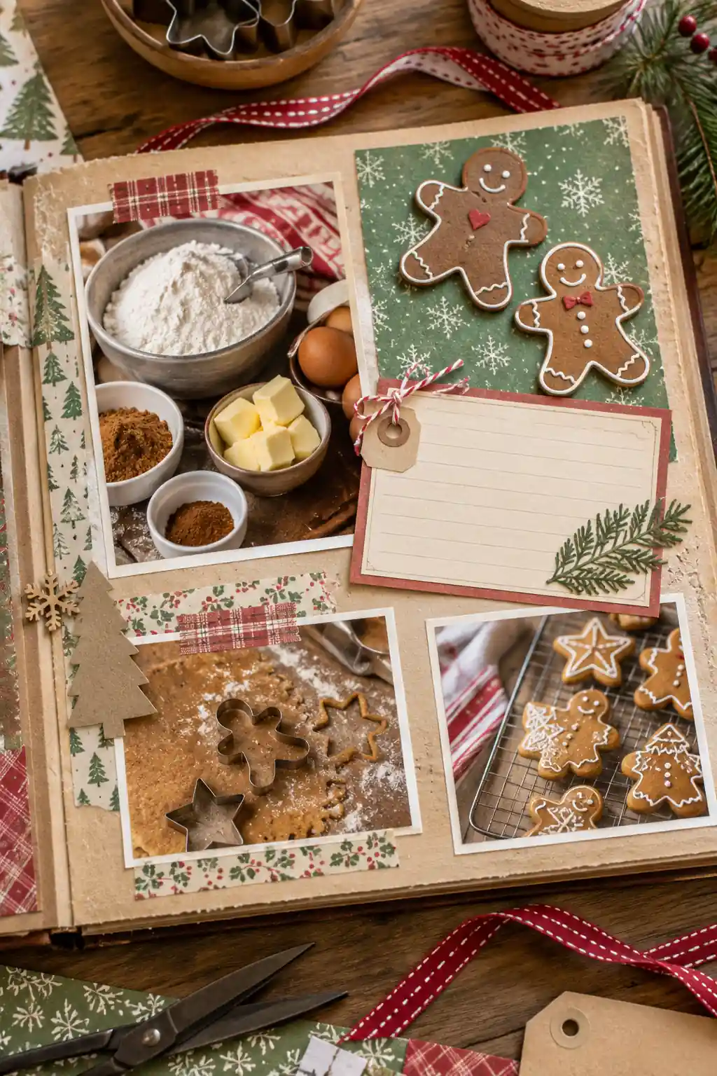 A scrapbook spread with baking photos, gingerbread shapes and a recipe area