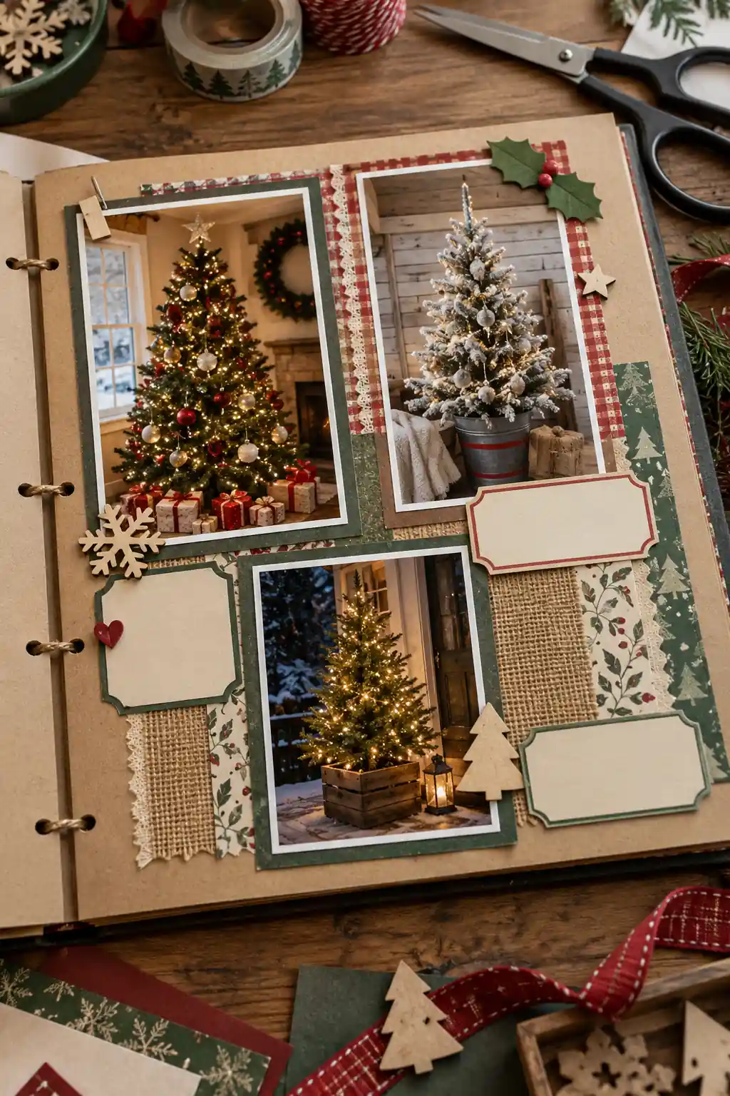 A scrapbook layout showing decorated trees in several photographs