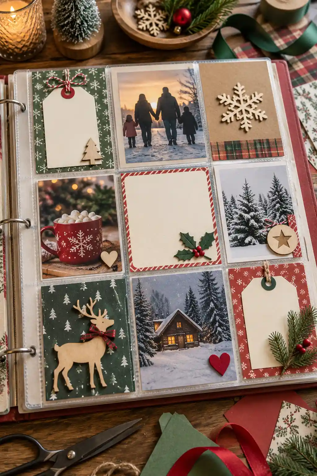 A grid of family photographs, seasonal cards and small tags