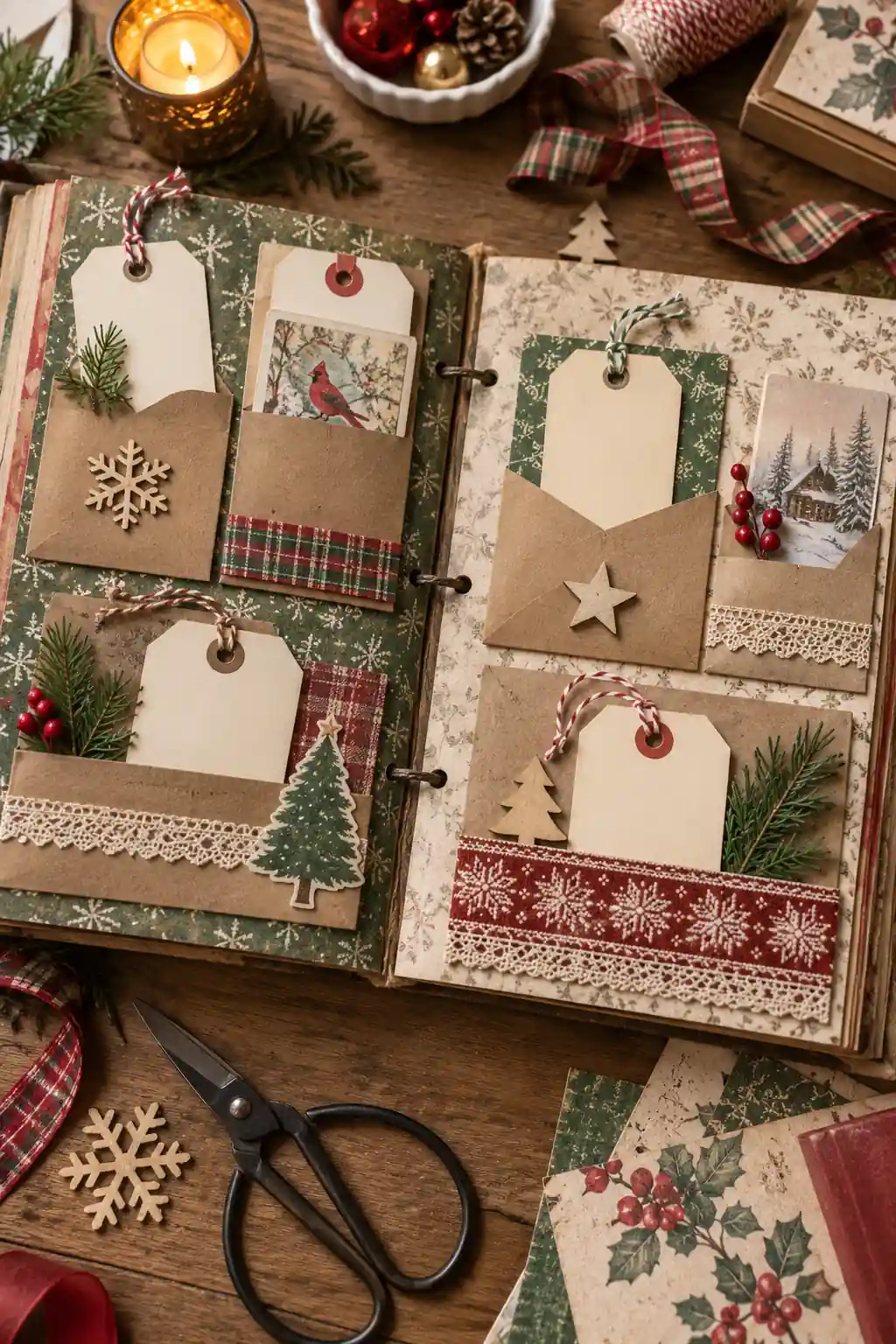Small kraft pockets and tags arranged on a Christmas scrapbook spread