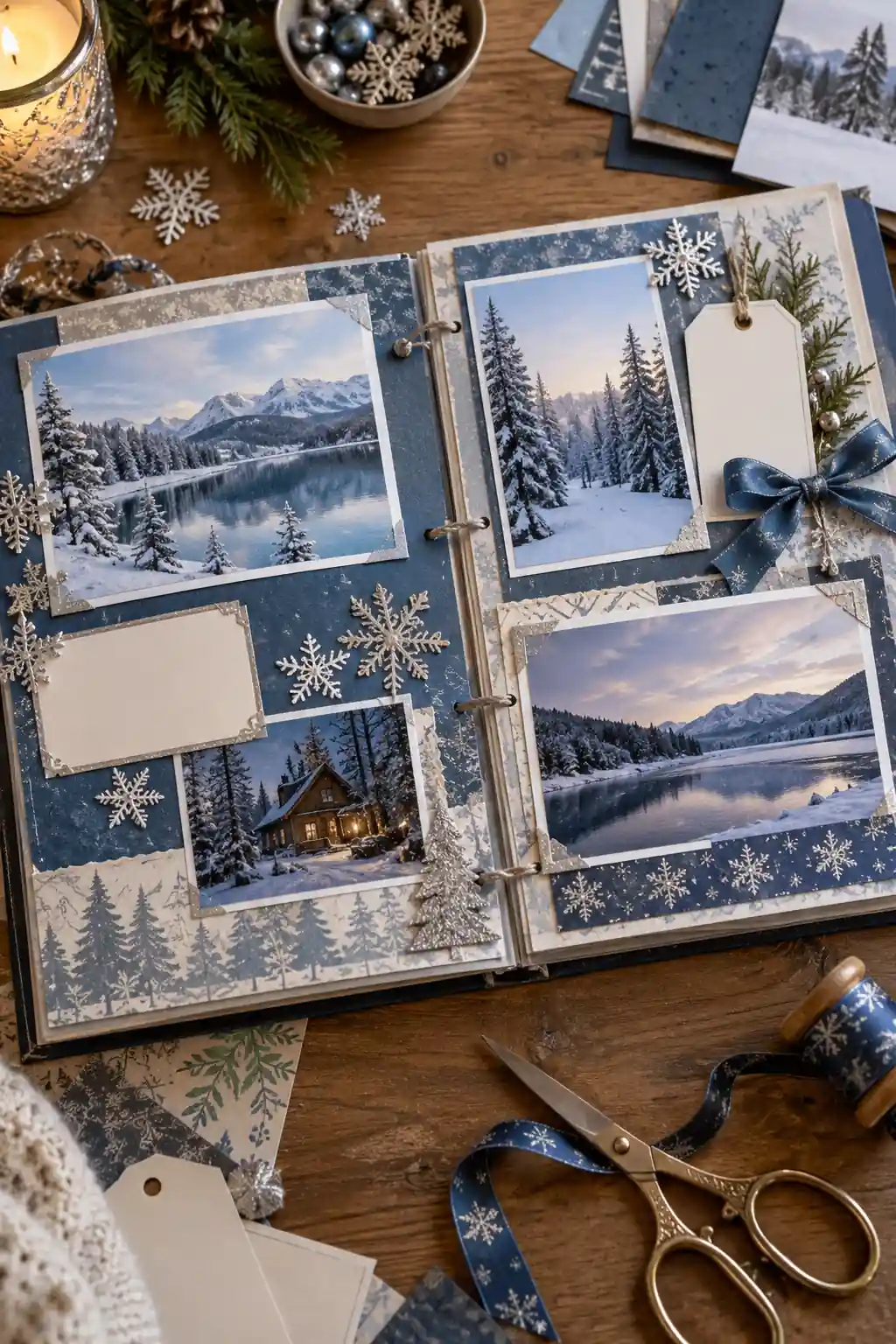 Snowy photographs framed by blue paper and silver snowflake details