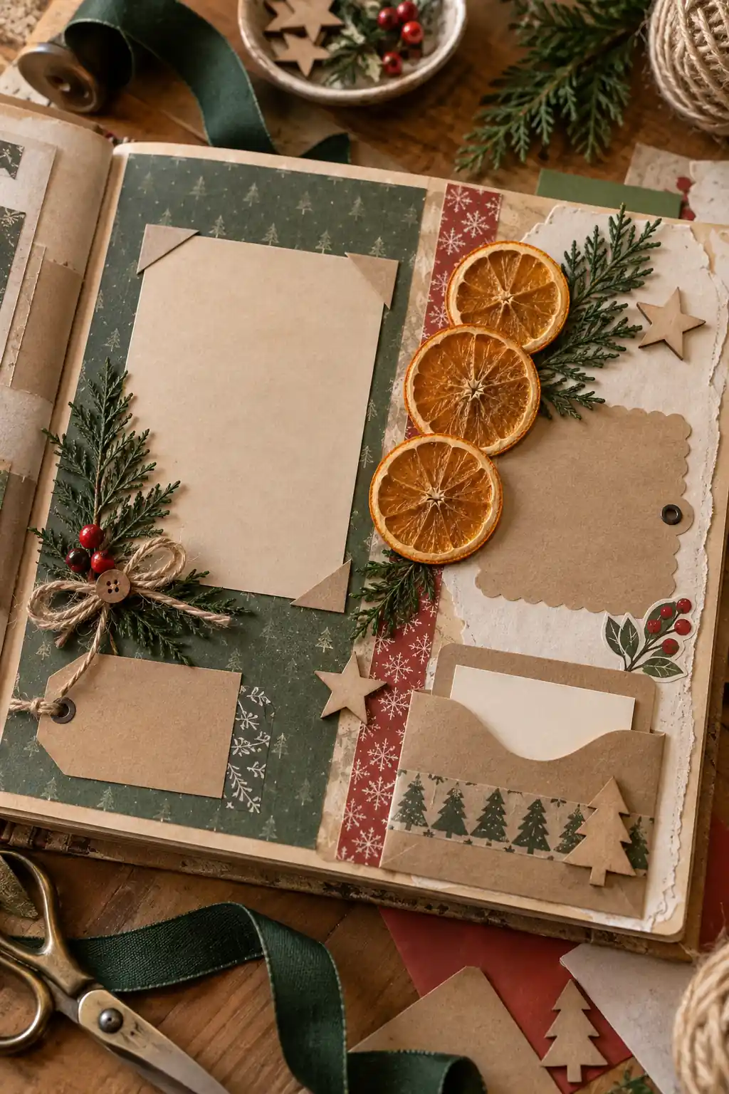 A rustic scrapbook page with orange slices, green paper and blank tags