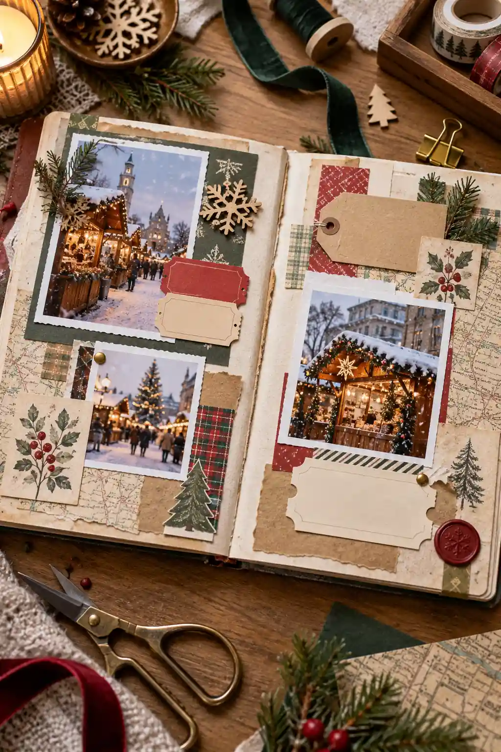 A scrapbook spread with festive town photographs and travel tags