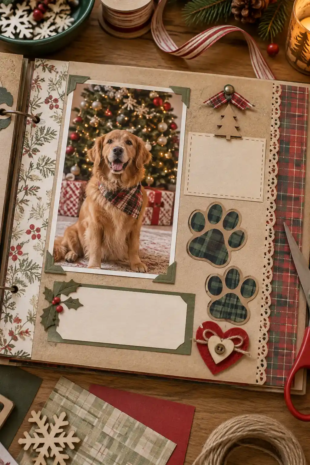 A Christmas pet scrapbook page with a dog photograph and paw-print motifs