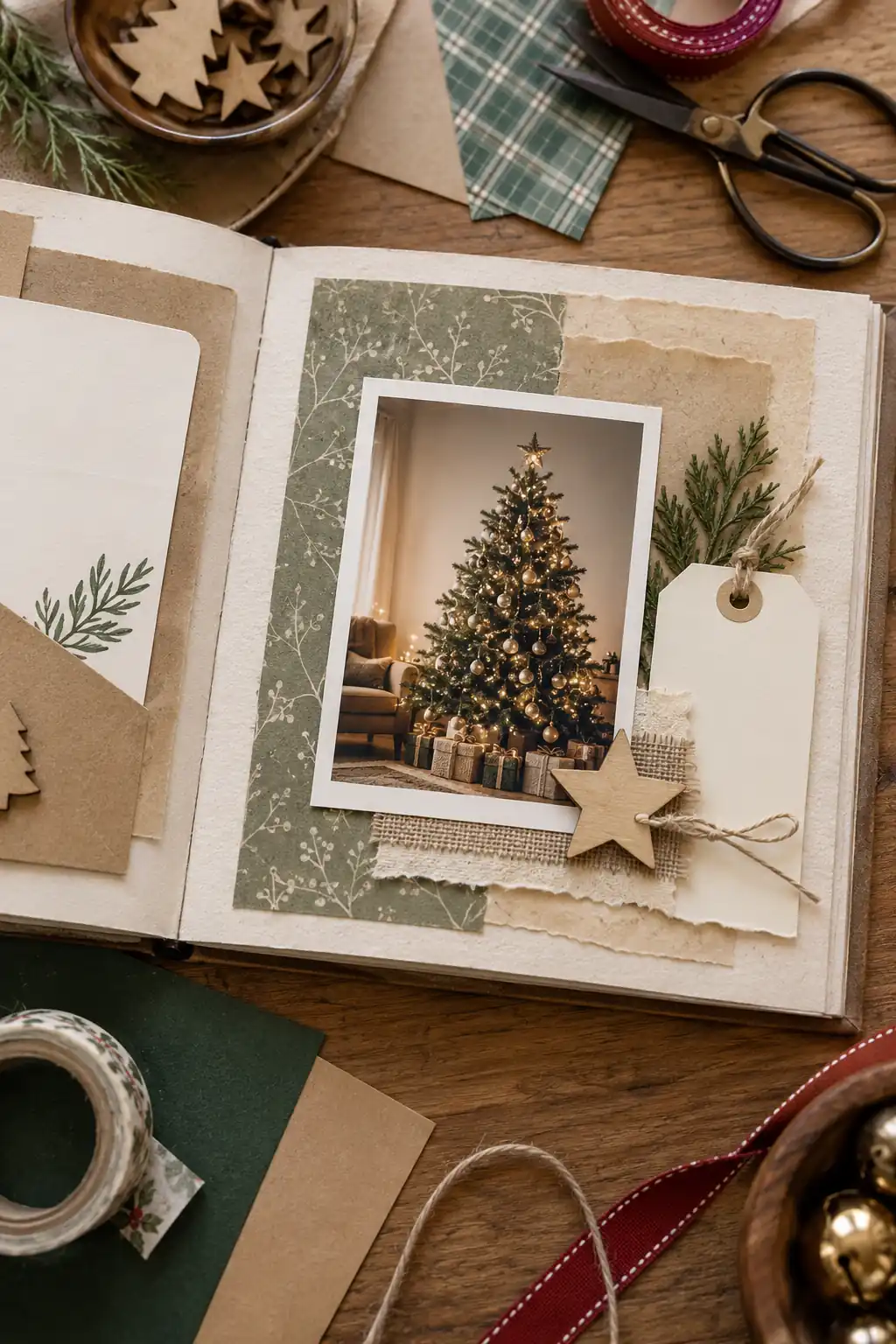 A cream scrapbook page with a tree photograph and restrained natural accents