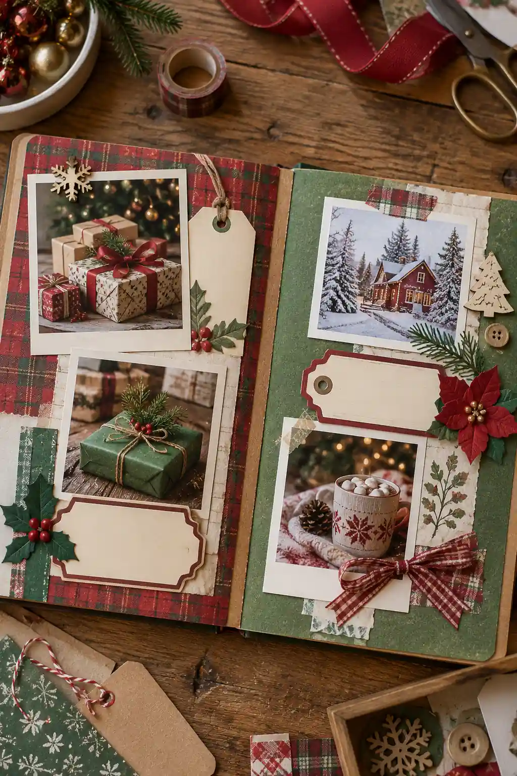 Christmas photographs mounted on red plaid and green paper