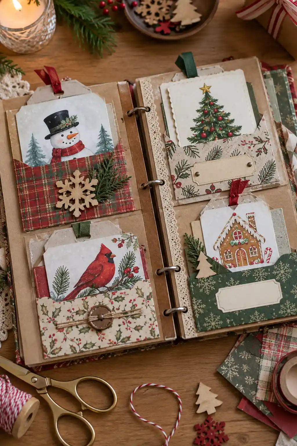 Christmas cards and illustrated panels arranged across an album spread