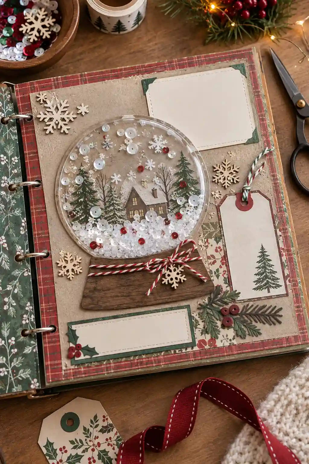 A snow-globe-shaped scrapbook window with a winter scene and sequins