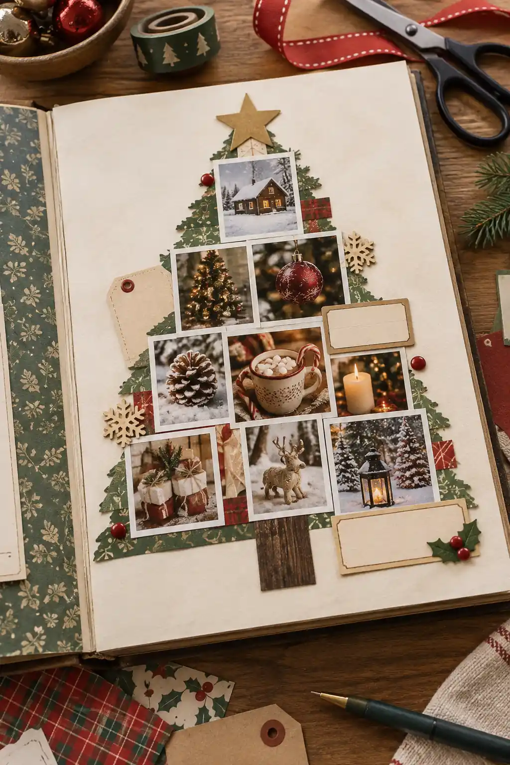 Small holiday photographs arranged into a Christmas-tree silhouette