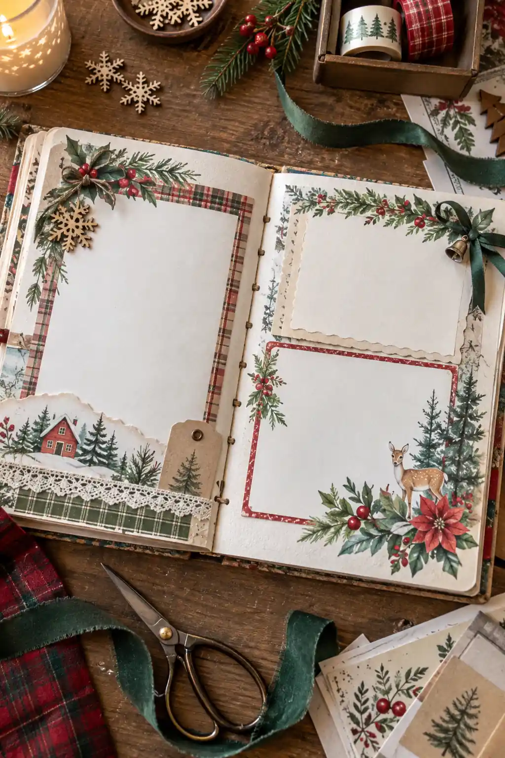A two-page December journal with large writing areas and evergreen borders