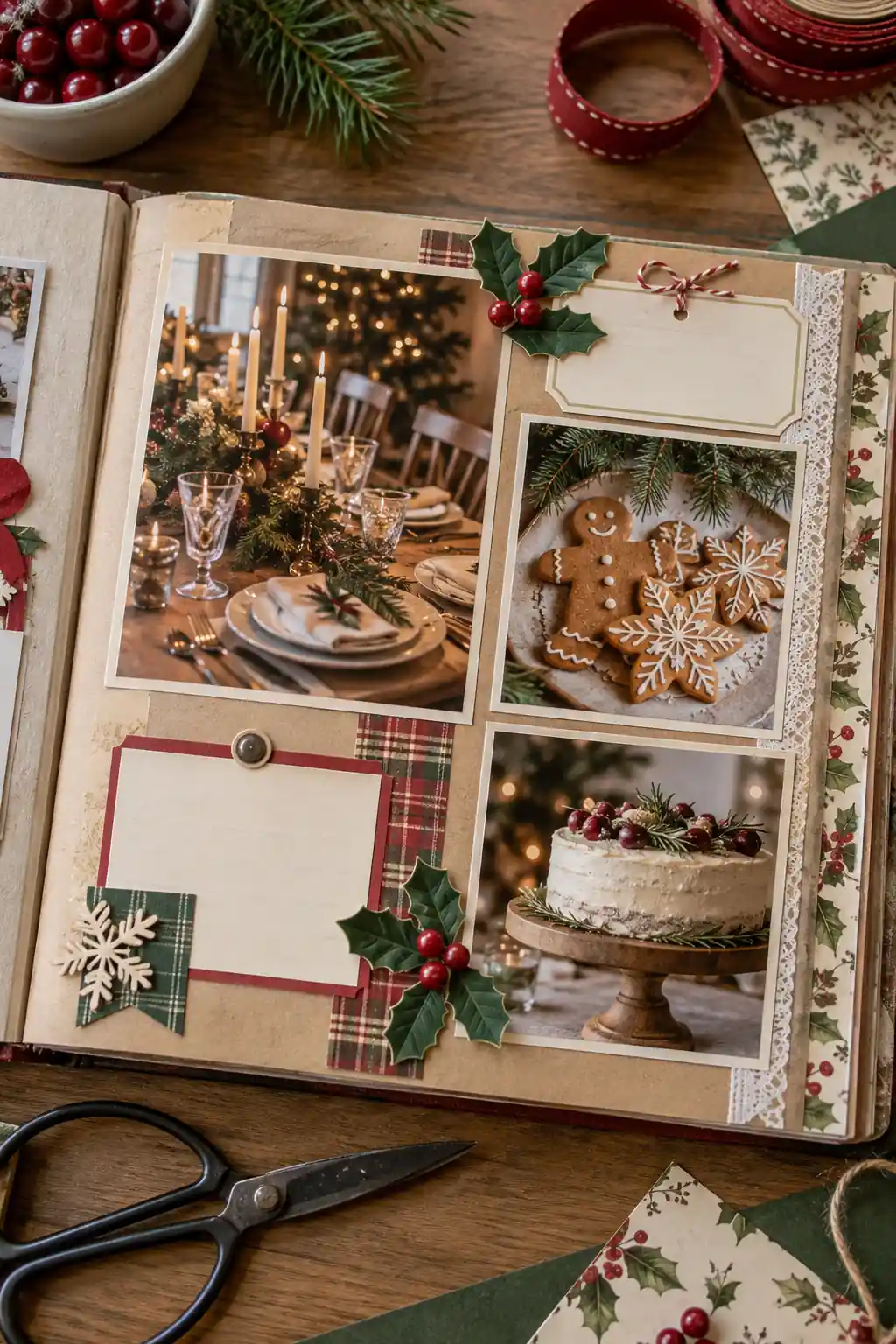 A scrapbook spread with festive table and food photographs
