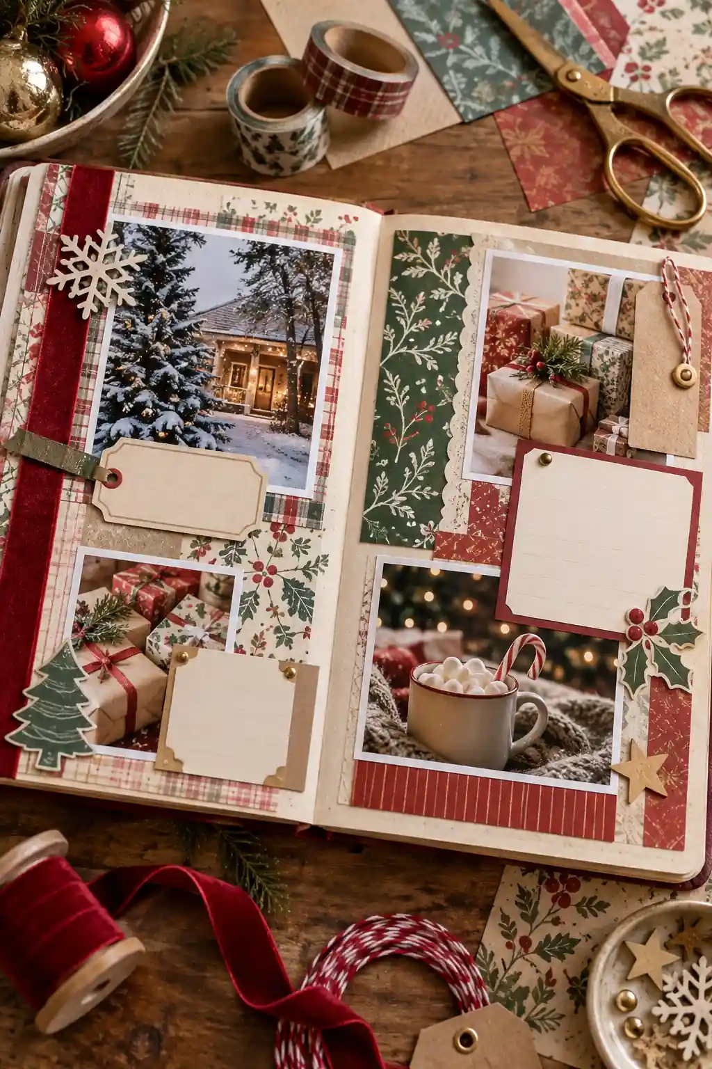 Photographs of wrapped gifts framed by patterned paper and tags