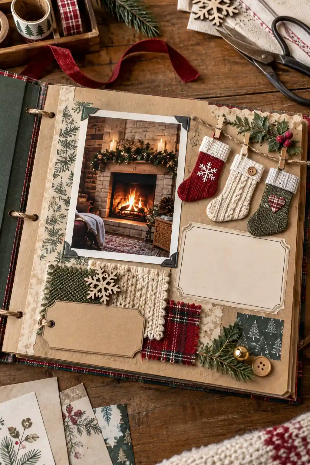 A scrapbook layout with a fireplace photograph and layered winter papers