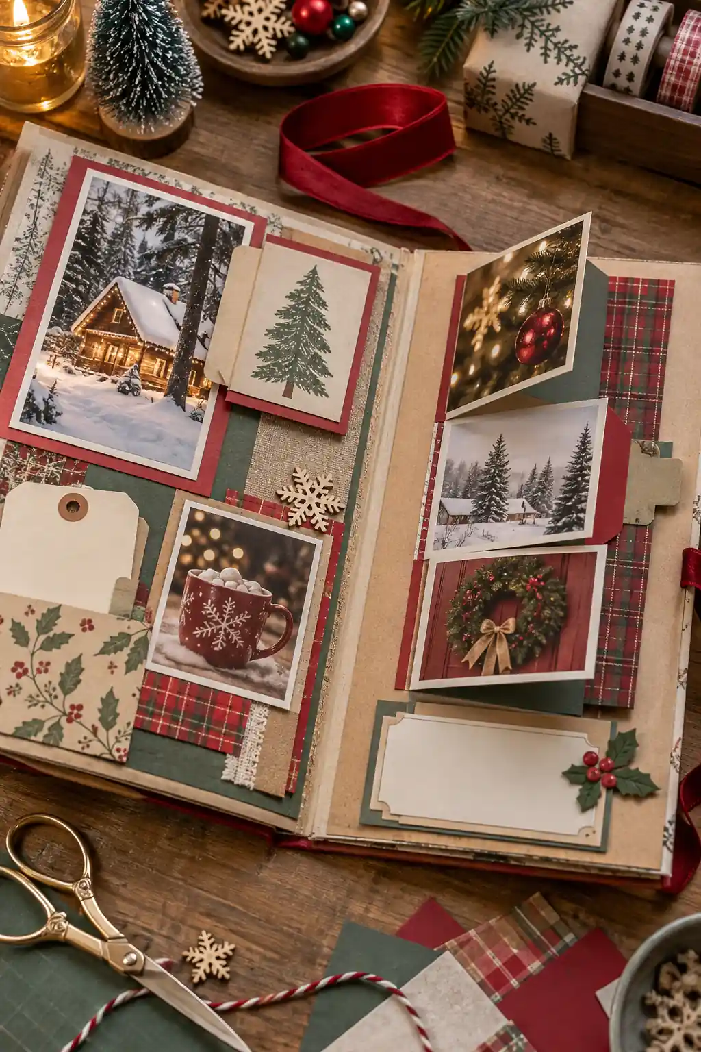 A layered flip-down scrapbook feature revealing several holiday photos