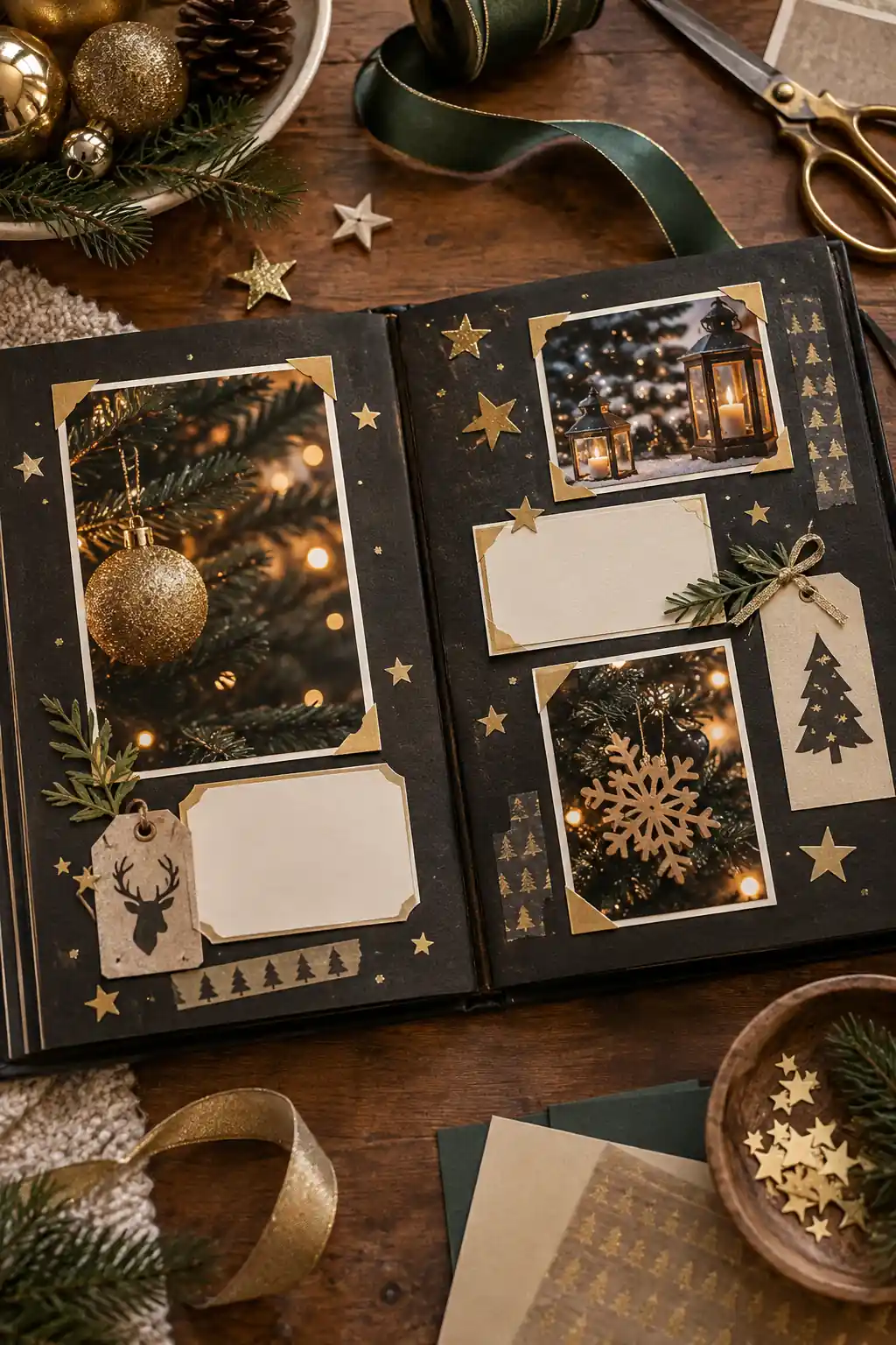 Holiday photographs arranged on dark paper with gold stars and pale captions
