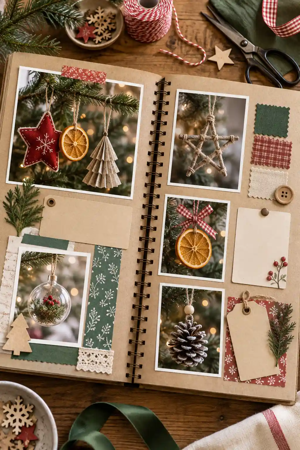 Photographs of handmade ornaments arranged with ribbon and journaling tags