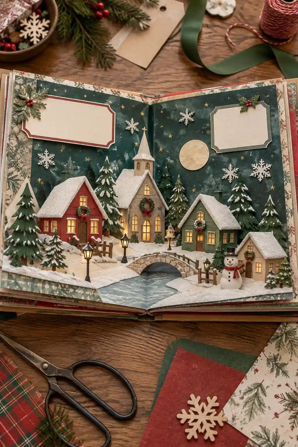 A paper village raised across an open winter scrapbook spread