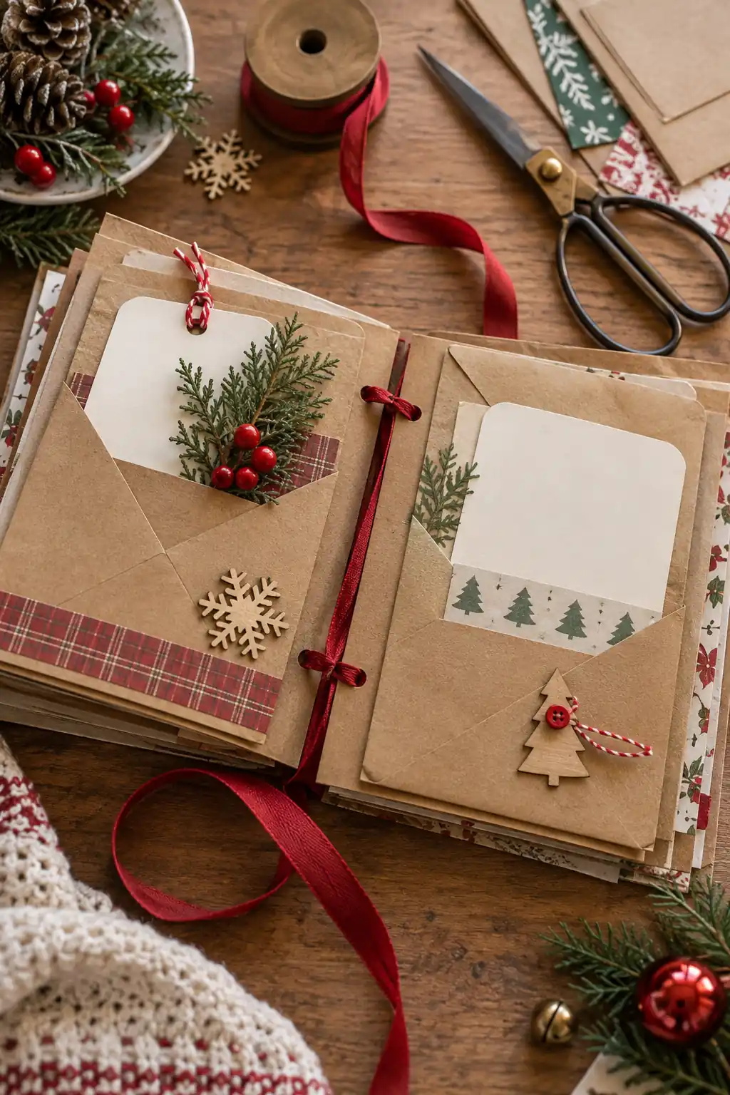 A small kraft-paper album with pockets, tags and red ribbon binding
