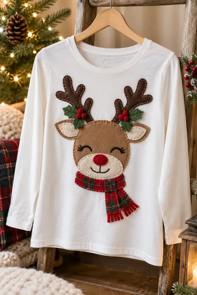 Felt reindeer applique shirt, one of these christmas shirt ideas