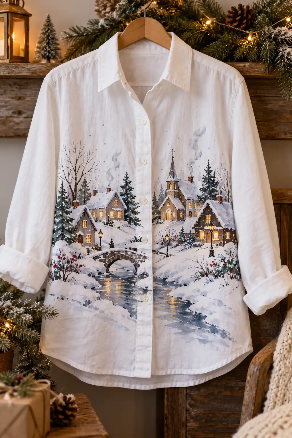14 hand painted winter village shirt
