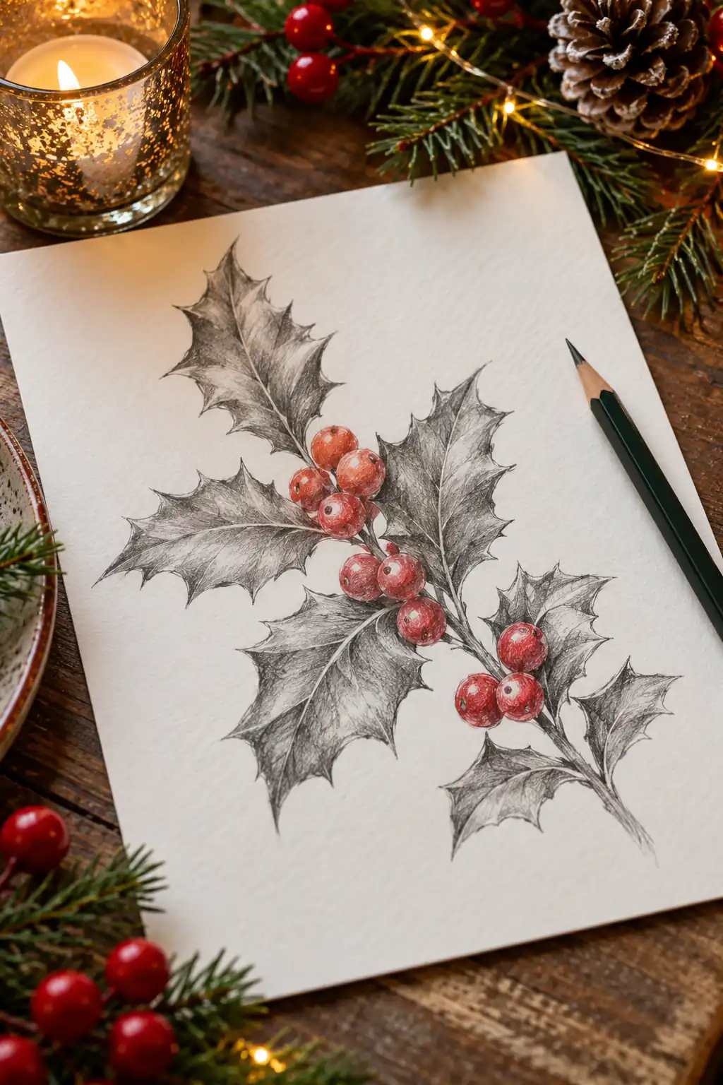 05 pencil holly and berries sketch