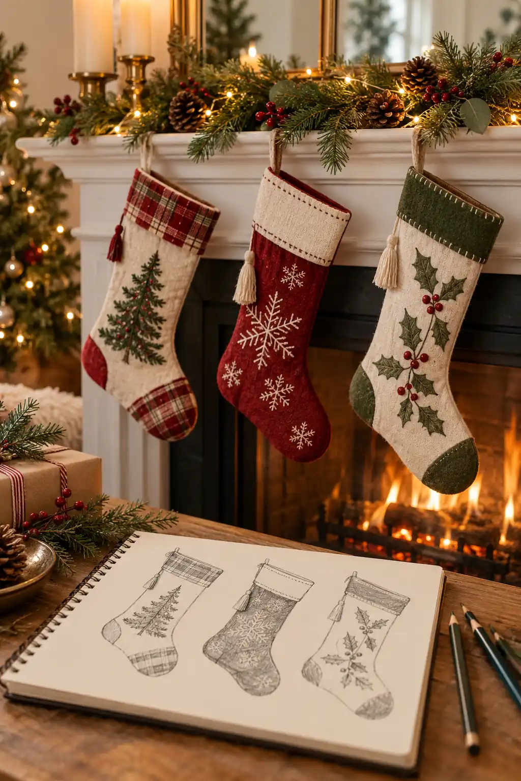 07 pencil fireplace stockings sketch