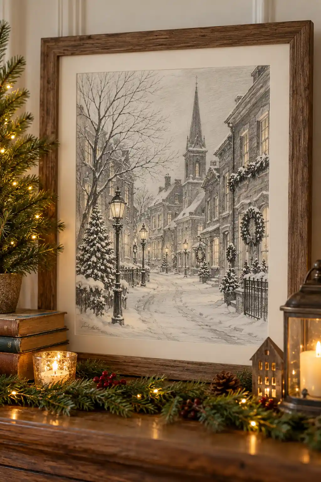 10 graphite christmas street scene sketch