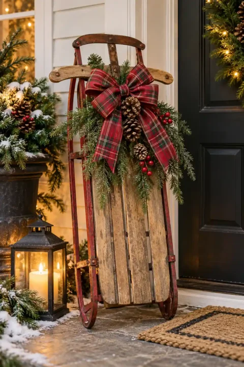 Vintage sled with a red plaid bow, one of these christmas sled decor ideas